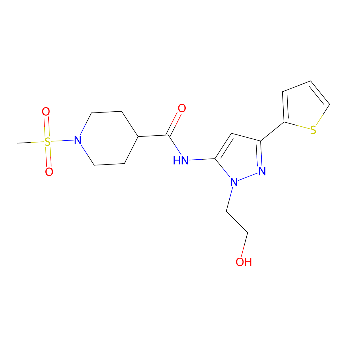 N-(1-(2-hydroxyethyl)-3-(thiophen-2-yl)-1H-pyrazol-5-yl)-1-(methylsulfonyl)piperidine-4-carboxamide molecular structure, CAS 1219913-34-4