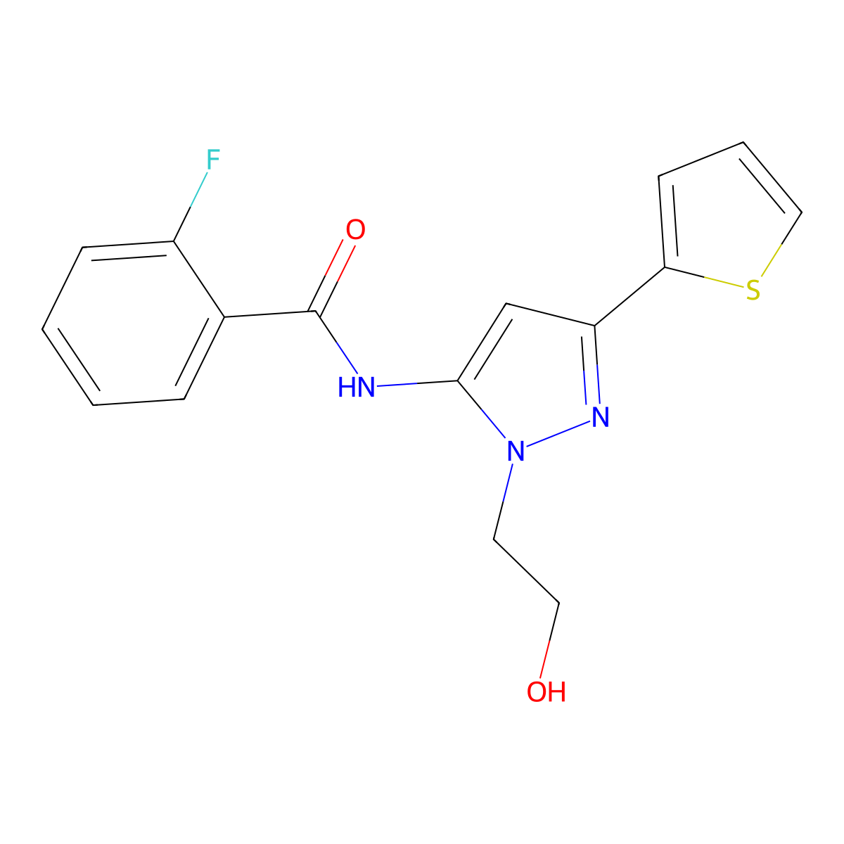 2-fluoro-N-(1-(2-hydroxyethyl)-3-(thiophen-2-yl)-1H-pyrazol-5-yl)benzamide molecular structure, CAS 1219913-39-9