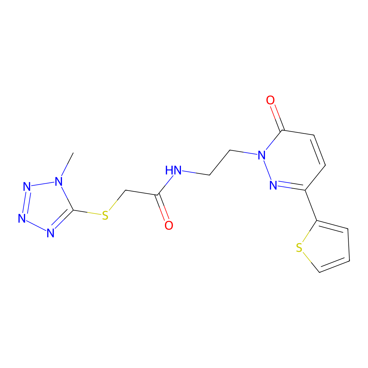 2-((1-methyl-1H-tetrazol-5-yl)thio)-N-(2-(6-oxo-3-(thiophen-2-yl)pyridazin-1(6H)-yl)ethyl)acetamide molecular structure, CAS 1219913-40-2