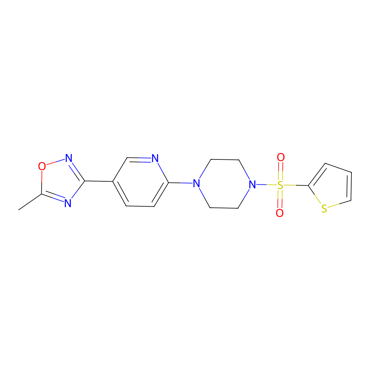 5-Methyl-3-(6-(4-(thiophen-2-ylsulfonyl)piperazin-1-yl)pyridin-3-yl)-1,2,4-oxadiazole molecular structure, CAS 1219913-44-6