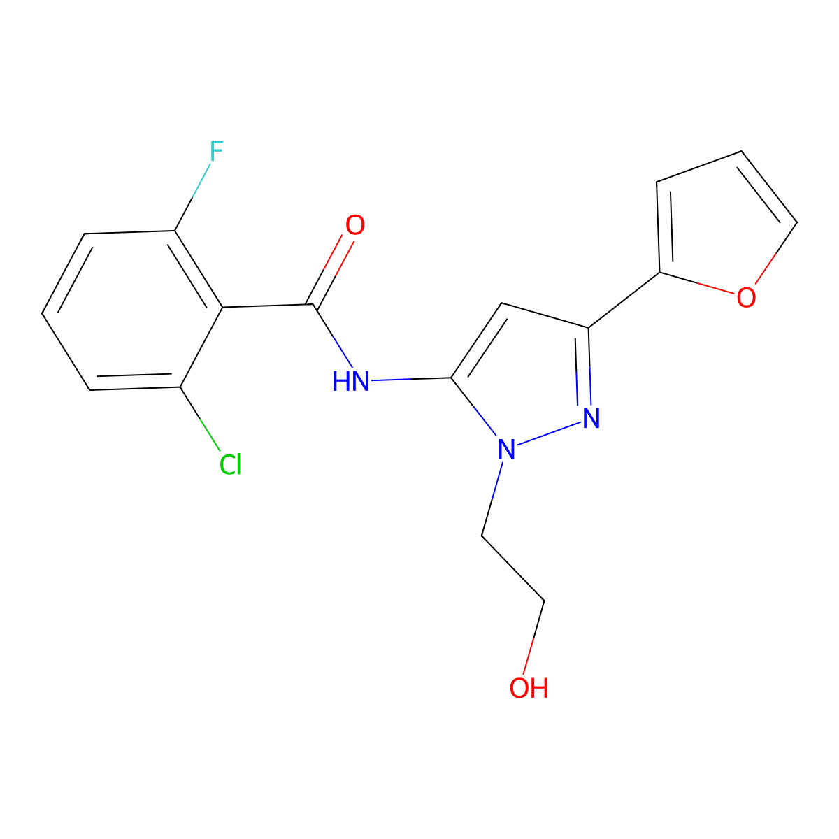2-chloro-6-fluoro-N-(3-(furan-2-yl)-1-(2-hydroxyethyl)-1H-pyrazol-5-yl)benzamide molecular structure, CAS 1219913-47-9
