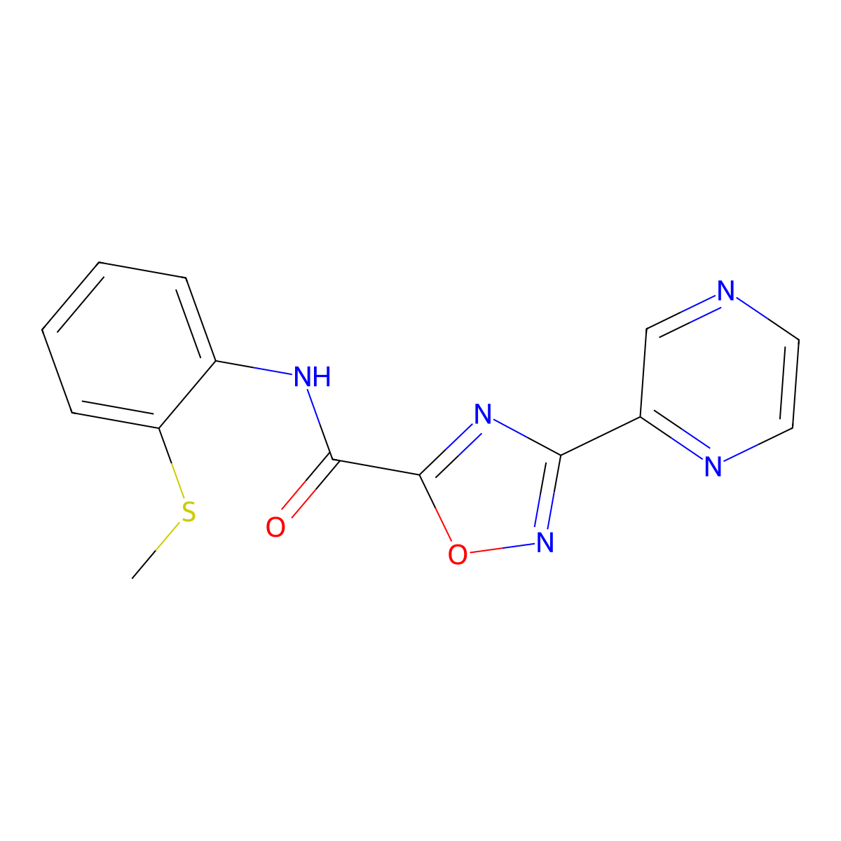N-(2-(methylthio)phenyl)-3-(pyrazin-2-yl)-1,2,4-oxadiazole-5-carboxamide molecular structure, CAS 1219913-49-1