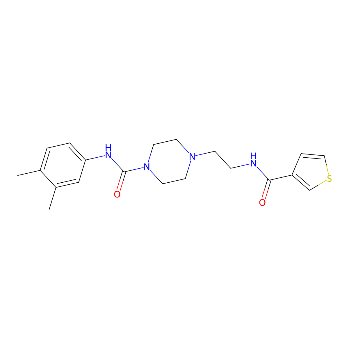 N-(3,4-dimethylphenyl)-4-(2-(thiophene-3-carboxamido)ethyl)piperazine-1-carboxamide molecular structure, CAS 1219913-52-6