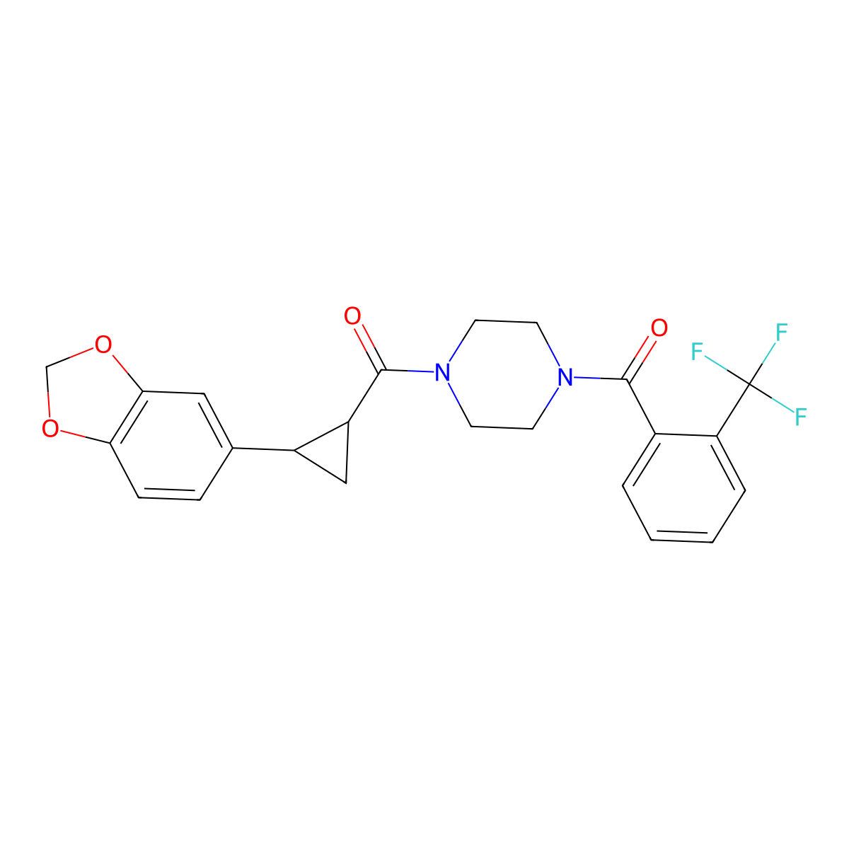 (4-(2-(Benzo[d][1,3]dioxol-5-yl)cyclopropanecarbonyl)piperazin-1-yl)(2-(trifluoromethyl)phenyl)methanone molecular structure, CAS 1219913-61-7