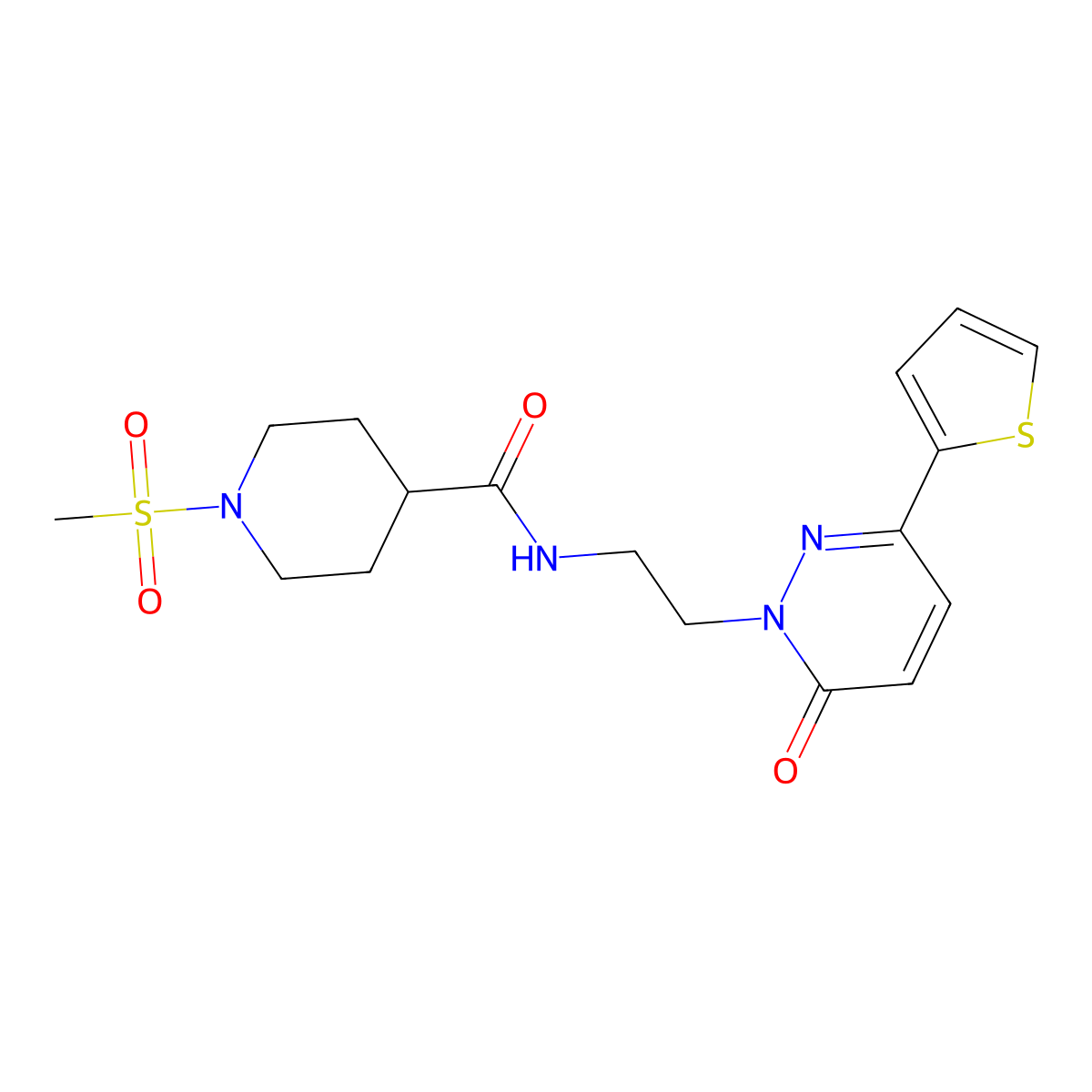 1-(methylsulfonyl)-N-(2-(6-oxo-3-(thiophen-2-yl)pyridazin-1(6H)-yl)ethyl)piperidine-4-carboxamide molecular structure, CAS 1219913-79-7