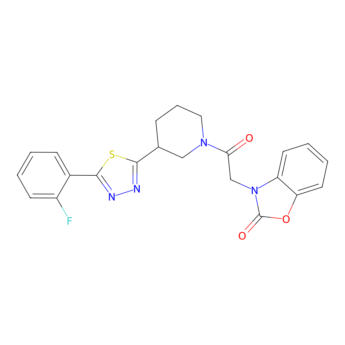 3-(2-(3-(5-(2-fluorophenyl)-1,3,4-thiadiazol-2-yl)piperidin-1-yl)-2-oxoethyl)benzo[d]oxazol-2(3H)-one molecular structure, CAS 1219913-97-9