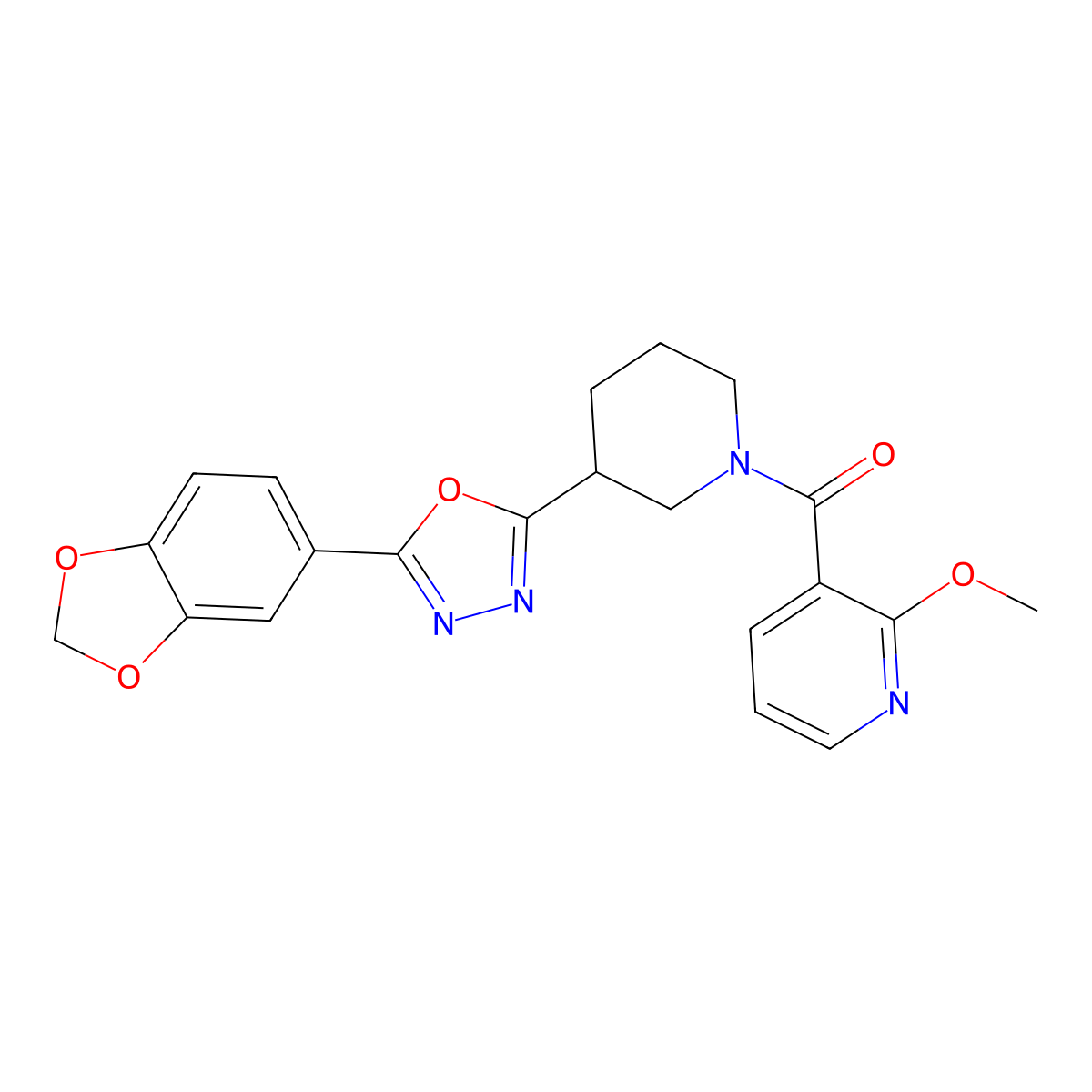 (3-(5-(Benzo[d][1,3]dioxol-5-yl)-1,3,4-oxadiazol-2-yl)piperidin-1-yl)(2-methoxypyridin-3-yl)methanone molecular structure, CAS 1219914-00-7