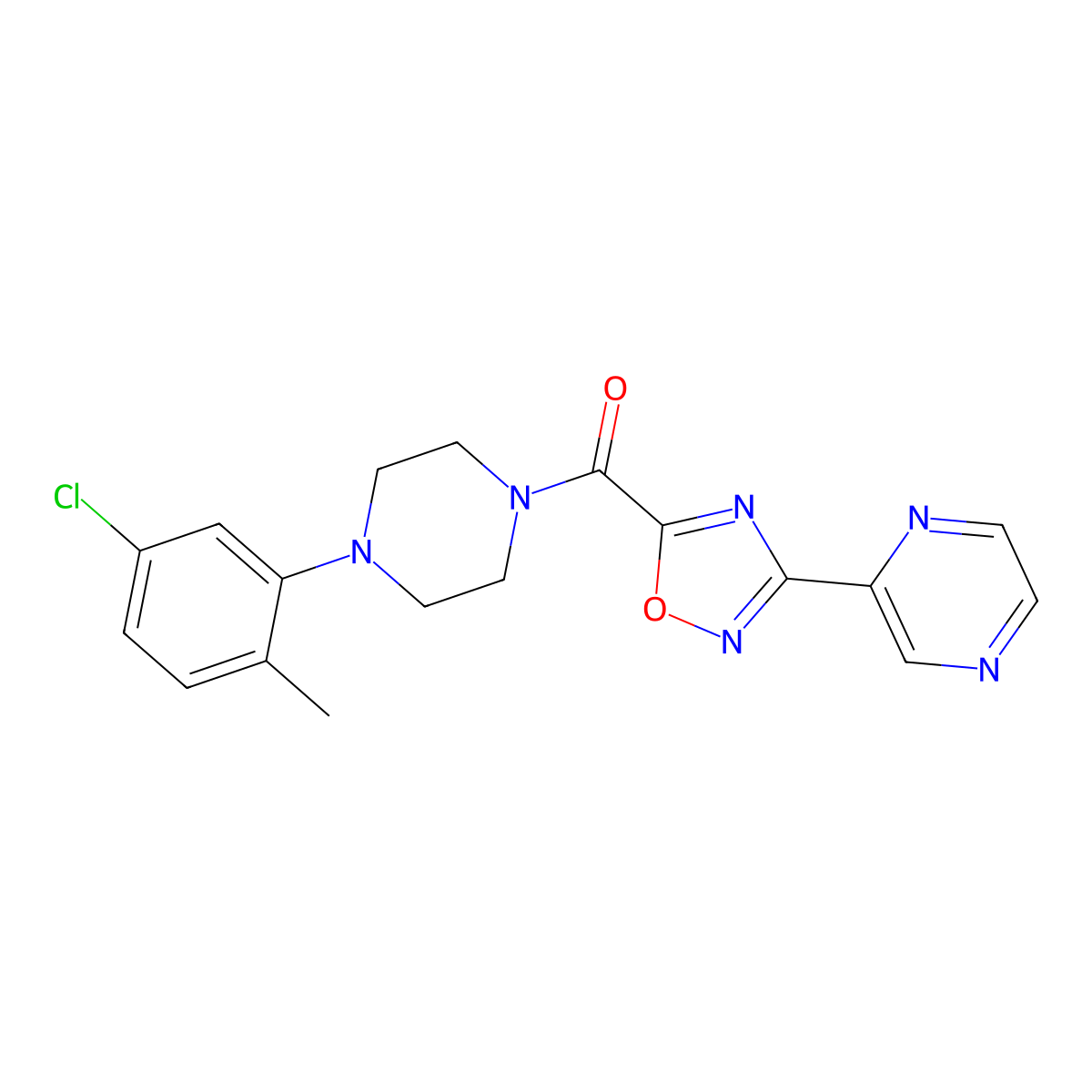 (4-(5-Chloro-2-methylphenyl)piperazin-1-yl)(3-(pyrazin-2-yl)-1,2,4-oxadiazol-5-yl)methanone molecular structure, CAS 1219914-23-4