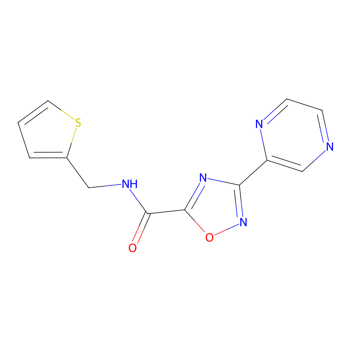 3-(pyrazin-2-yl)-N-(thiophen-2-ylmethyl)-1,2,4-oxadiazole-5-carboxamide molecular structure, CAS 1219914-25-6