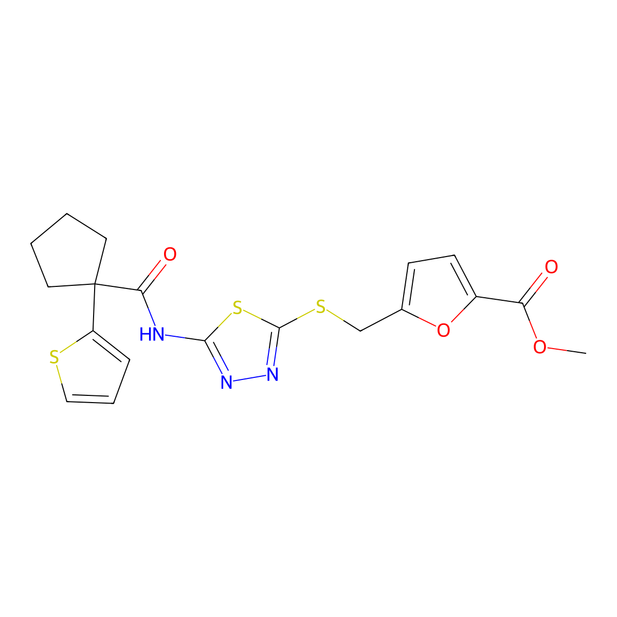 Methyl 5-(((5-(1-(thiophen-2-yl)cyclopentanecarboxamido)-1,3,4-thiadiazol-2-yl)thio)methyl)furan-2-carboxylate molecular structure, CAS 1219914-31-4