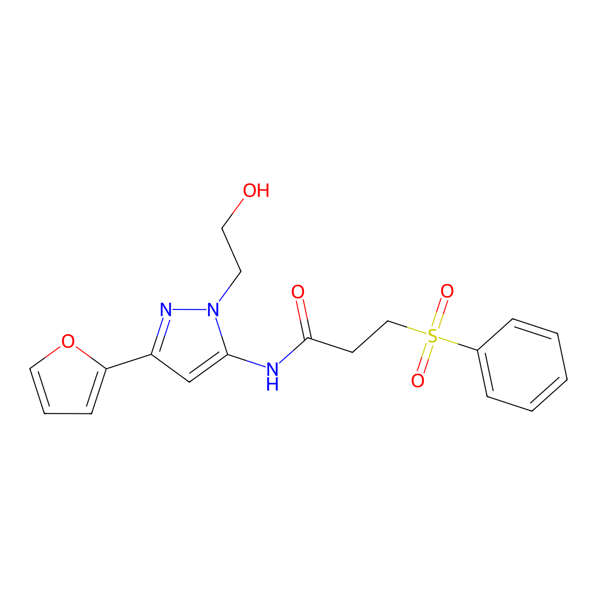 N-(3-(furan-2-yl)-1-(2-hydroxyethyl)-1H-pyrazol-5-yl)-3-(phenylsulfonyl)propanamide molecular structure, CAS 1219914-32-5
