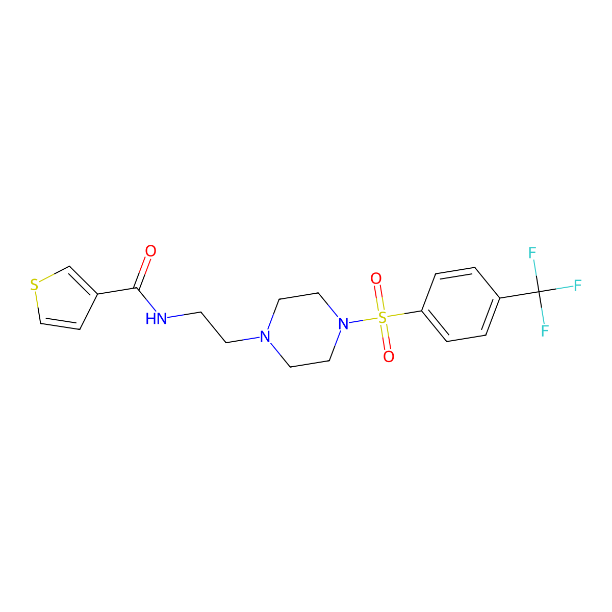 N-(2-(4-((4-(trifluoromethyl)phenyl)sulfonyl)piperazin-1-yl)ethyl)thiophene-3-carboxamide molecular structure, CAS 1219914-33-6