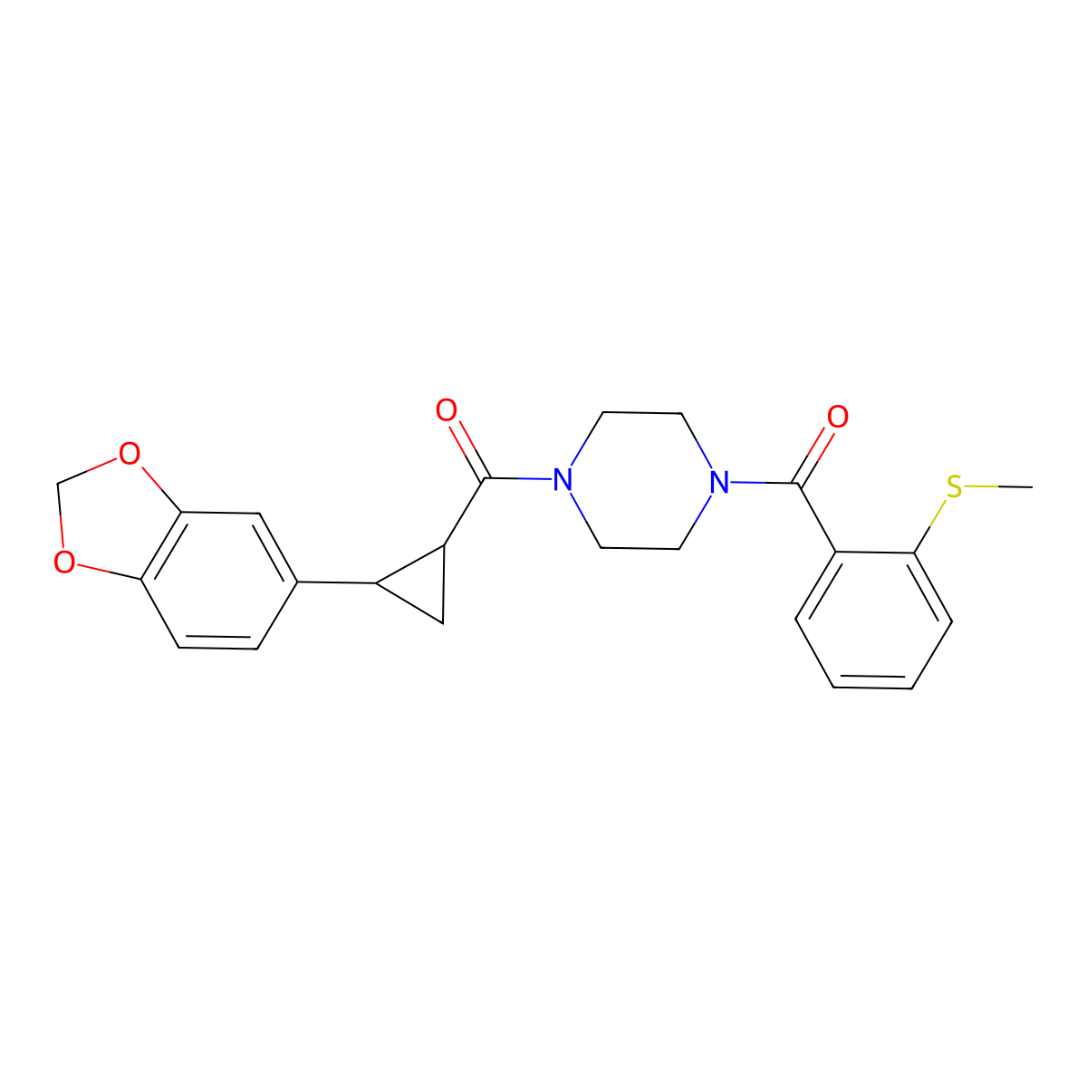 (4-(2-(Benzo[d][1,3]dioxol-5-yl)cyclopropanecarbonyl)piperazin-1-yl)(2-(methylthio)phenyl)methanone molecular structure, CAS 1219914-34-7