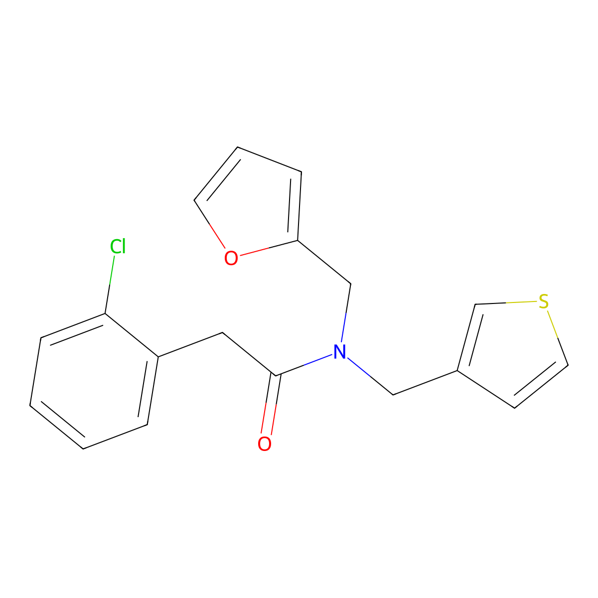 2-(2-chlorophenyl)-N-(furan-2-ylmethyl)-N-(thiophen-3-ylmethyl)acetamide molecular structure, CAS 1219914-38-1