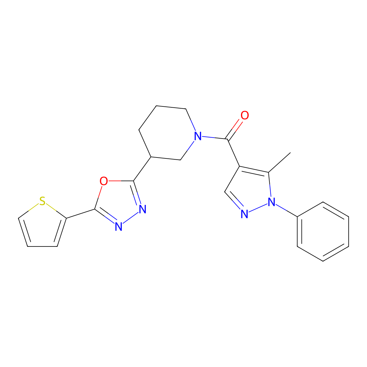 (5-methyl-1-phenyl-1H-pyrazol-4-yl)(3-(5-(thiophen-2-yl)-1,3,4-oxadiazol-2-yl)piperidin-1-yl)methanone molecular structure, CAS 1219914-51-8