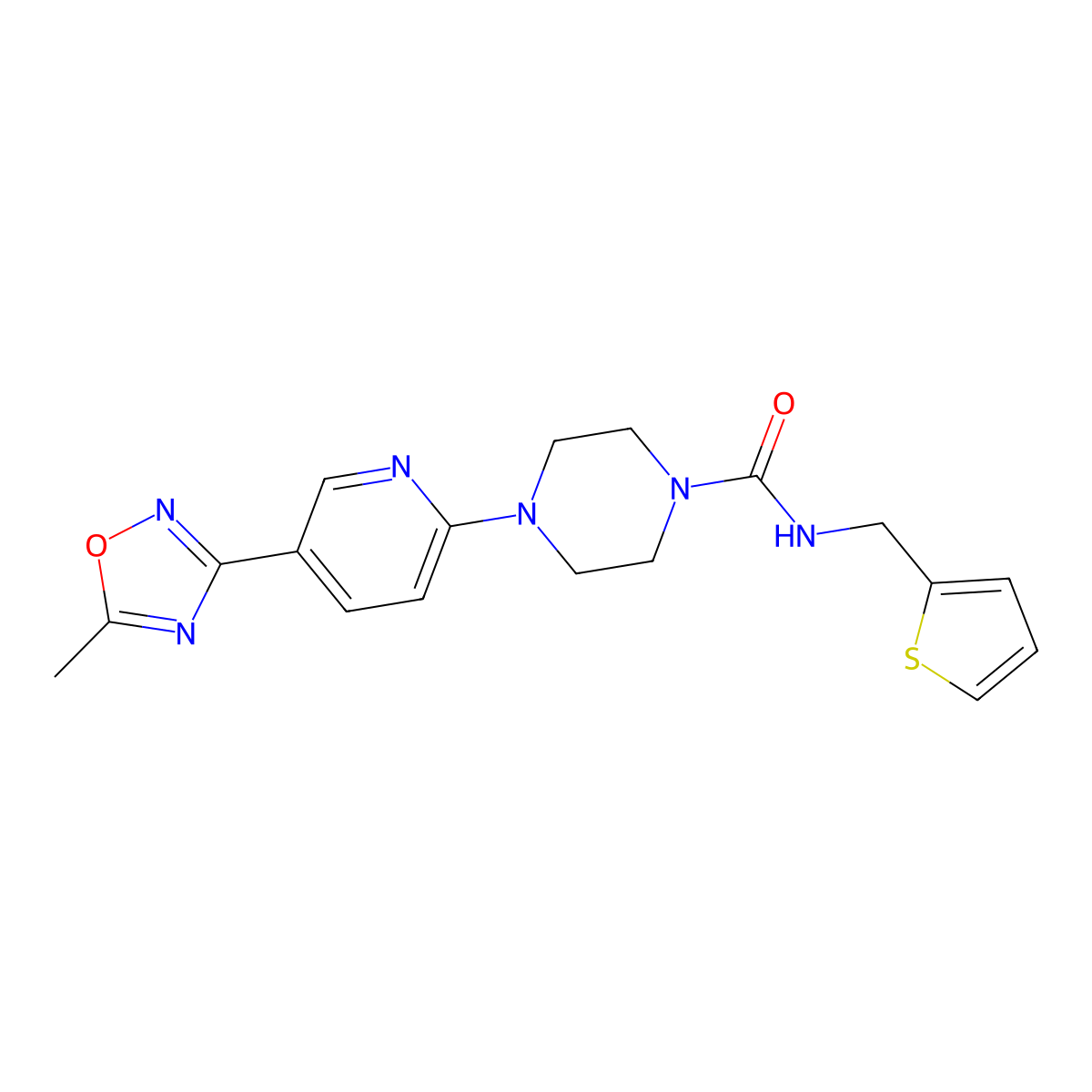 4-(5-(5-methyl-1,2,4-oxadiazol-3-yl)pyridin-2-yl)-N-(thiophen-2-ylmethyl)piperazine-1-carboxamide molecular structure, CAS 1219914-53-0