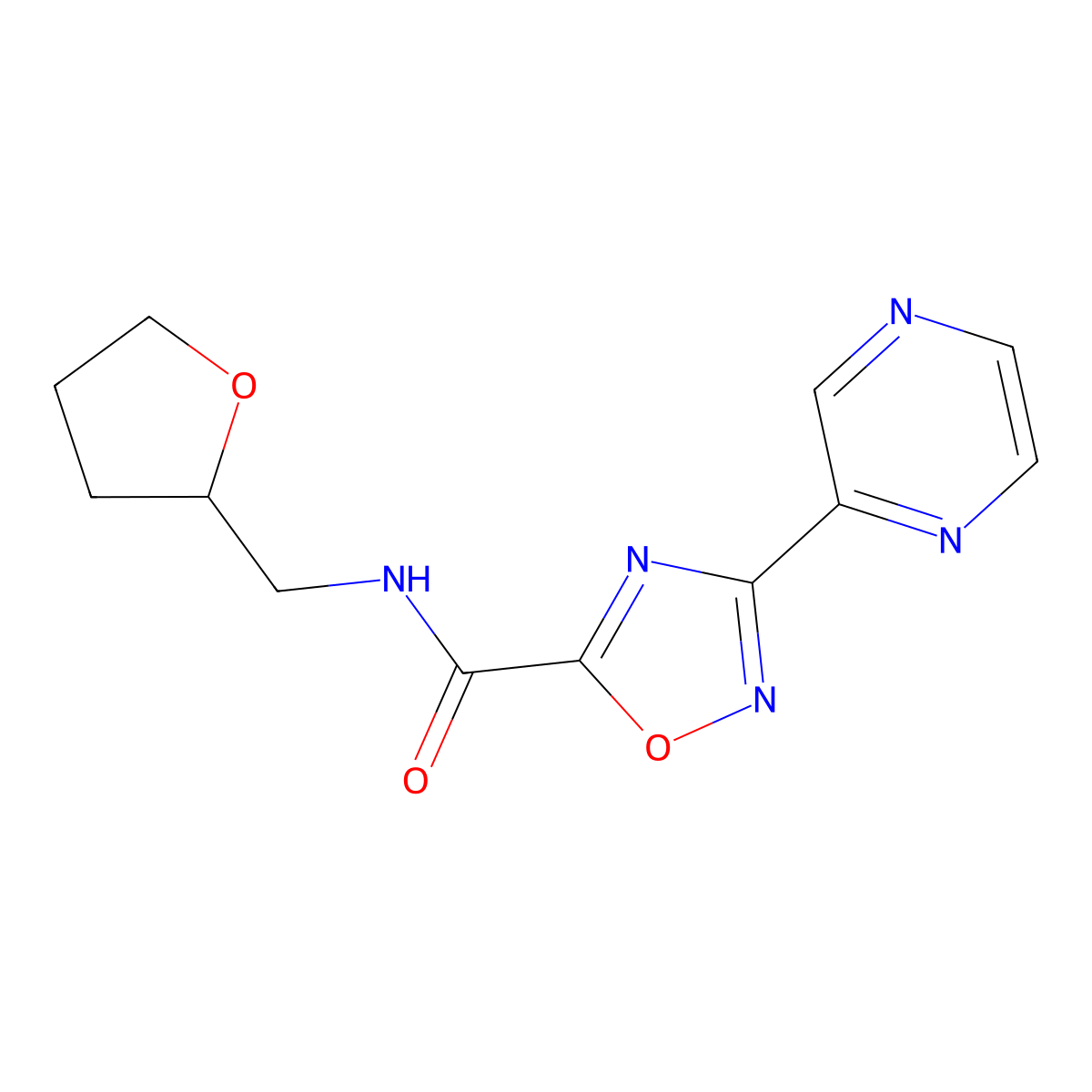 3-(pyrazin-2-yl)-N-((tetrahydrofuran-2-yl)methyl)-1,2,4-oxadiazole-5-carboxamide molecular structure, CAS 1219914-56-3