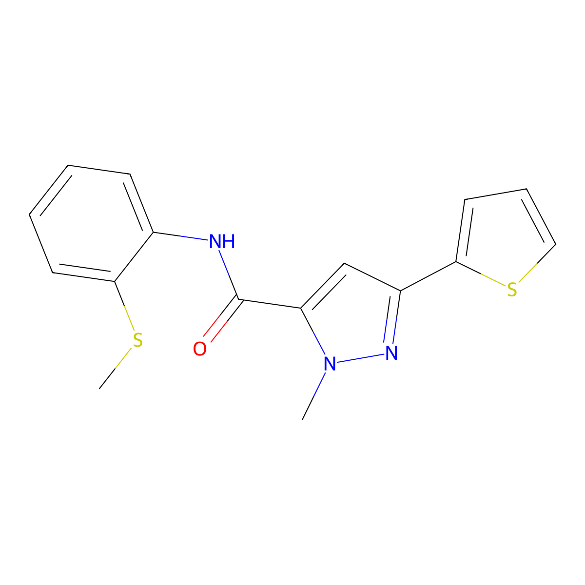 1-methyl-N-(2-(methylthio)phenyl)-3-(thiophen-2-yl)-1H-pyrazole-5-carboxamide molecular structure, CAS 1219914-63-2