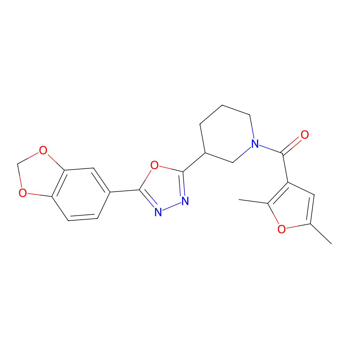 (3-(5-(Benzo[d][1,3]dioxol-5-yl)-1,3,4-oxadiazol-2-yl)piperidin-1-yl)(2,5-dimethylfuran-3-yl)methanone molecular structure, CAS 1219914-66-5