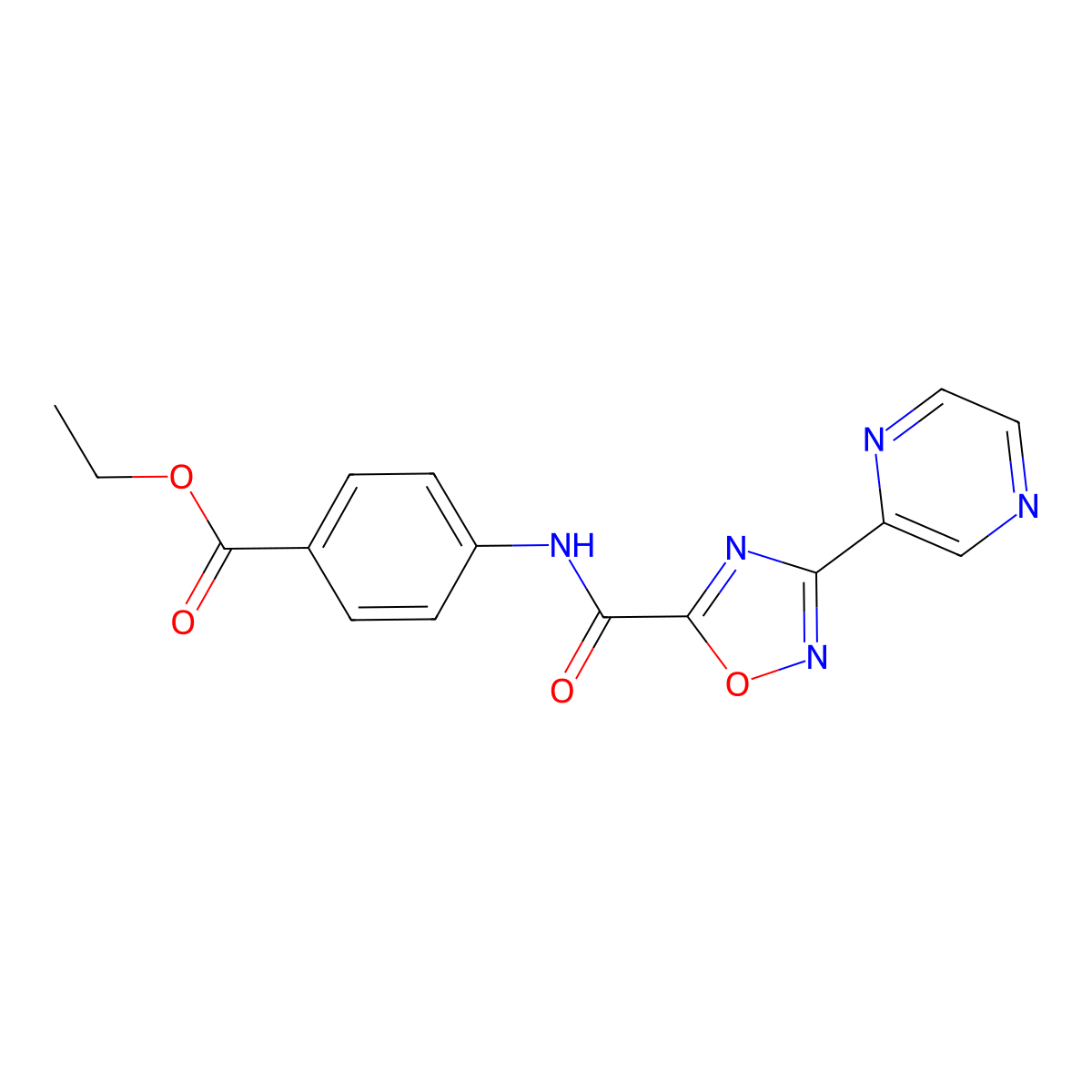Ethyl 4-(3-(pyrazin-2-yl)-1,2,4-oxadiazole-5-carboxamido)benzoate molecular structure, CAS 1219914-68-7