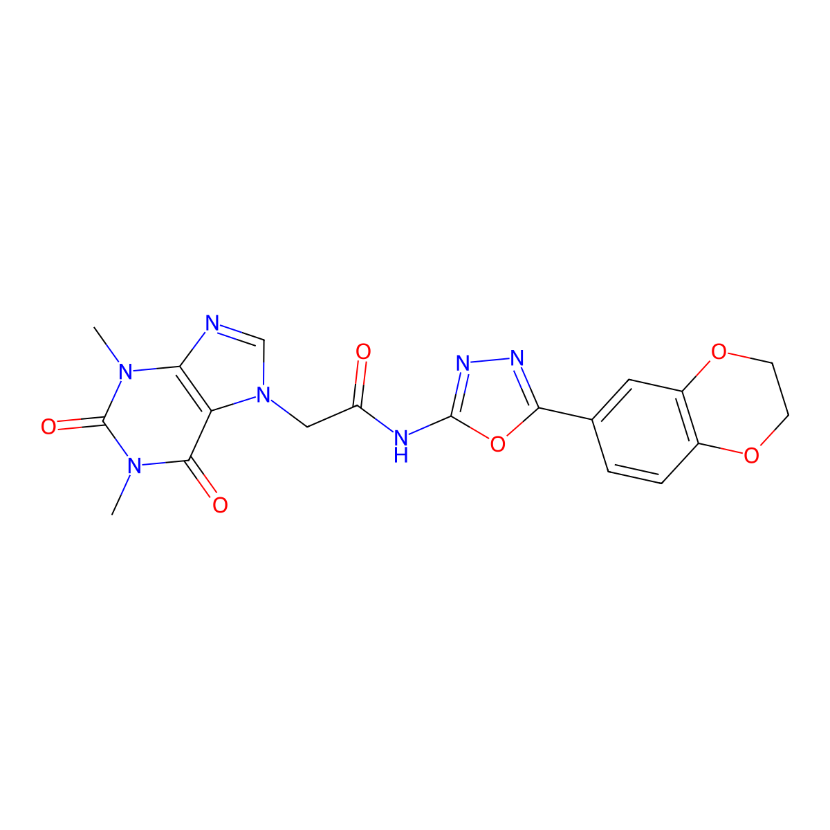 N-(5-(2,3-dihydrobenzo[b][1,4]dioxin-6-yl)-1,3,4-oxadiazol-2-yl)-2-(1,3-dimethyl-2,6-dioxo-2,3-dihydro-1H-purin-7(6H)-yl)acetamide molecular structure, CAS 1219914-71-2