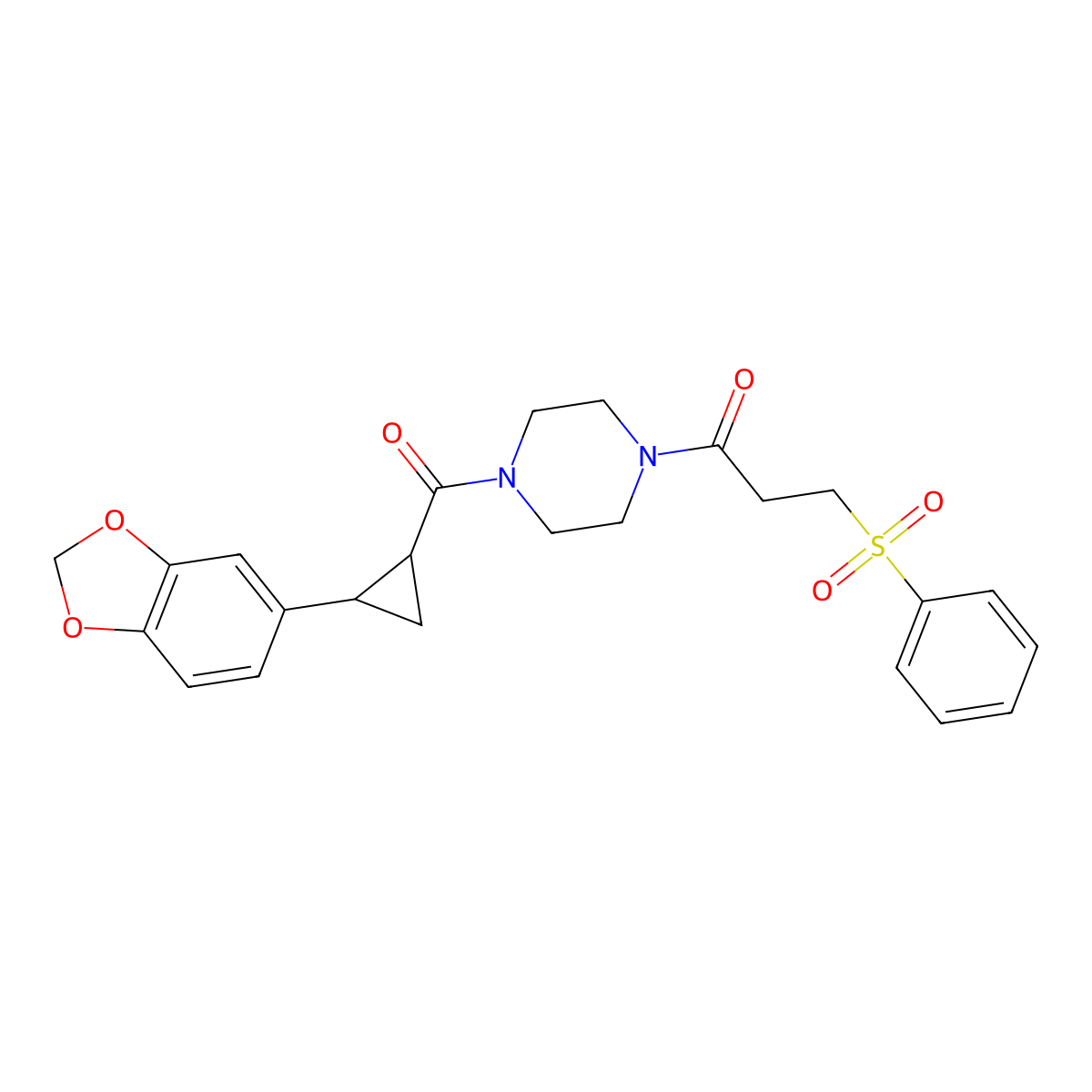 1-(4-(2-(Benzo[d][1,3]dioxol-5-yl)cyclopropanecarbonyl)piperazin-1-yl)-3-(phenylsulfonyl)propan-1-one molecular structure, CAS 1219914-72-3