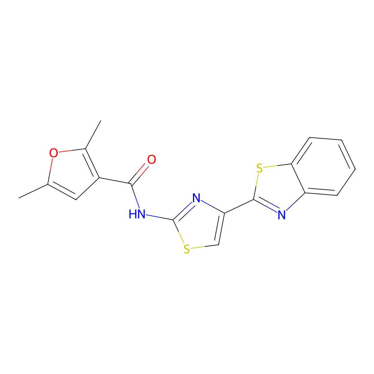 N-(4-(benzo[d]thiazol-2-yl)thiazol-2-yl)-2,5-dimethylfuran-3-carboxamide molecular structure, CAS 1219914-88-1