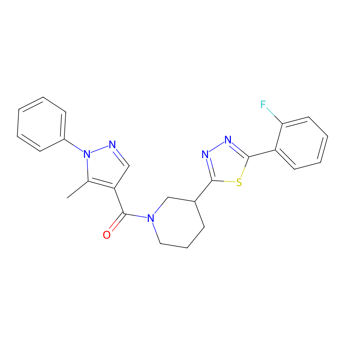 (3-(5-(2-fluorophenyl)-1,3,4-thiadiazol-2-yl)piperidin-1-yl)(5-methyl-1-phenyl-1H-pyrazol-4-yl)methanone molecular structure, CAS 1219914-93-8