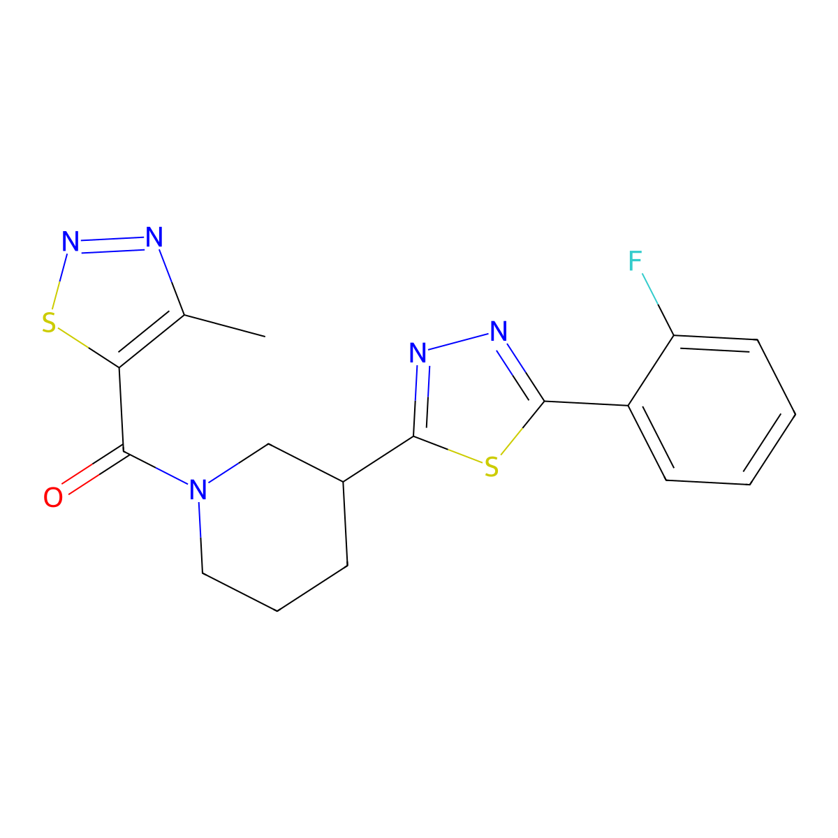 (3-(5-(2-Fluorophenyl)-1,3,4-thiadiazol-2-yl)piperidin-1-yl)(4-methyl-1,2,3-thiadiazol-5-yl)methanone molecular structure, CAS 1219914-96-1