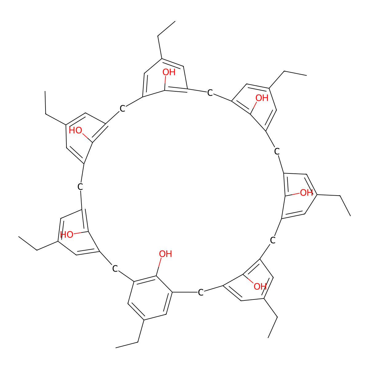 5,11,17,23,29,35,41-Heptaethyloctacyclo(37.3.1.13,7.19,13.115,19.121,25.127,31.133,37)nonatetraconta-1(43),3,5,7(49),9,11,13(48),15,17,19(47),21,23,25(46),27,29,31(45),33,35,37(44),39,41-heneicosaene-43,44,45,46,47,48,49-heptol molecular structure, CAS 122002-00-0