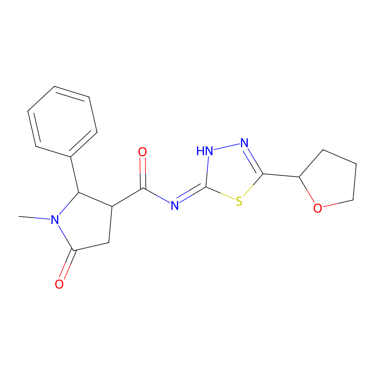 1-methyl-5-oxo-2-phenyl-N-[(2E)-5-(tetrahydrofuran-2-yl)-1,3,4-thiadiazol-2(3H)-ylidene]pyrrolidine-3-carboxamide molecular structure, CAS 1220106-09-1