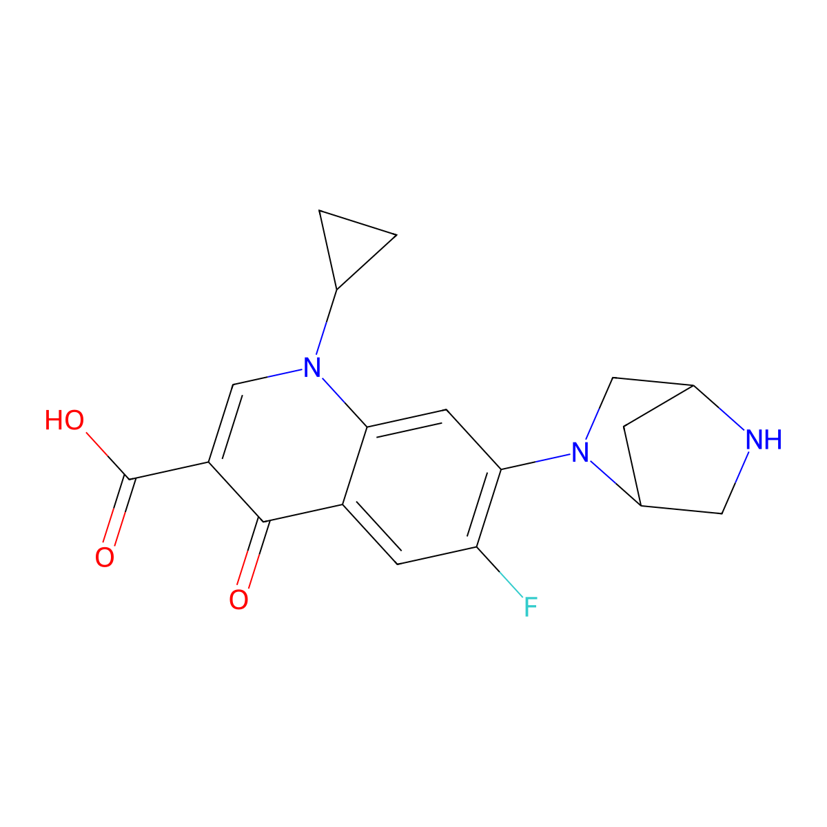 1-Cyclopropyl-7-(2,5-diazabicyclo[2.2.1]heptan-2-yl)-6-fluoro-4-oxoquinoline-3-carboxylic acid molecular structure, CAS 1220114-79-3