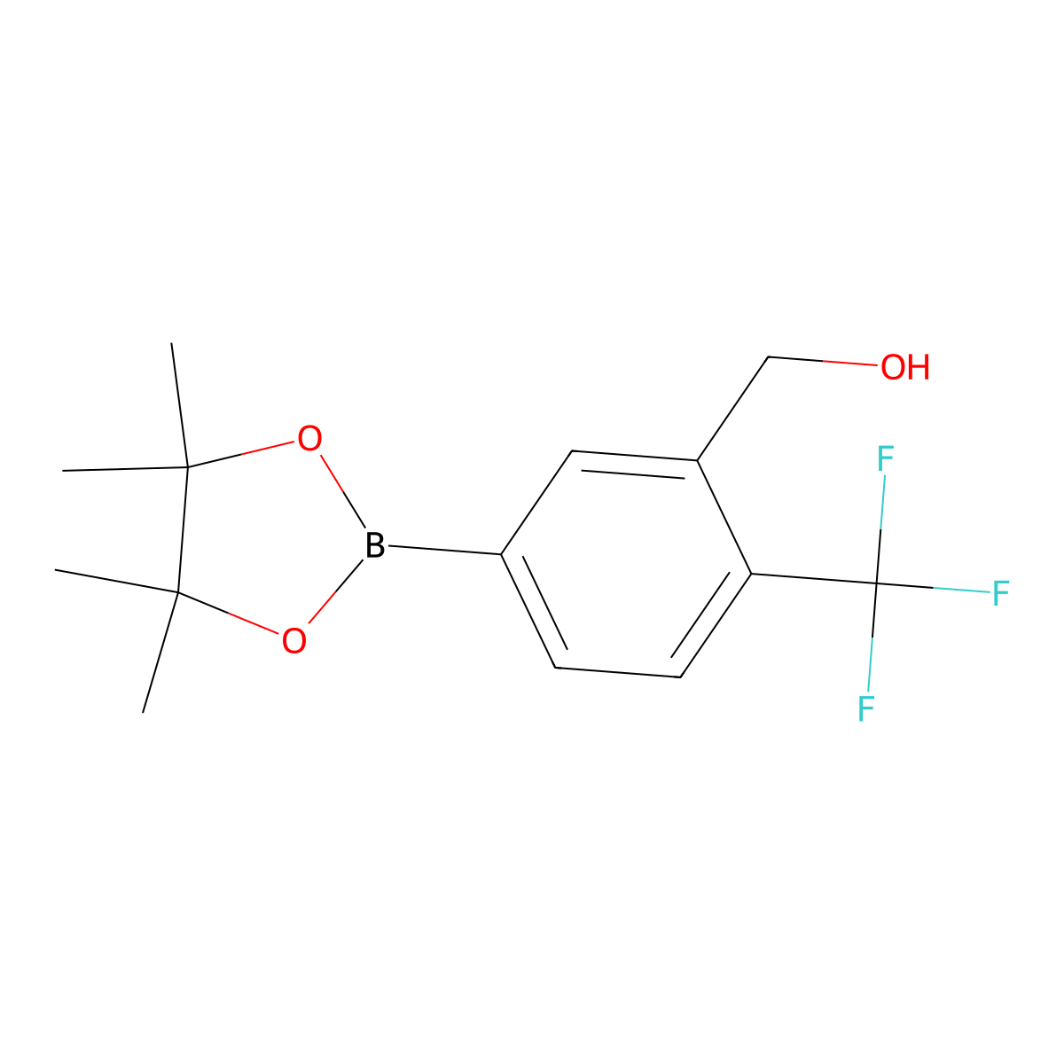 (5-(4,4,5,5-Tetramethyl-1,3,2-dioxaborolan-2-yl)-2-(trifluoromethyl)phenyl)methanol molecular structure, CAS 1220219-33-9