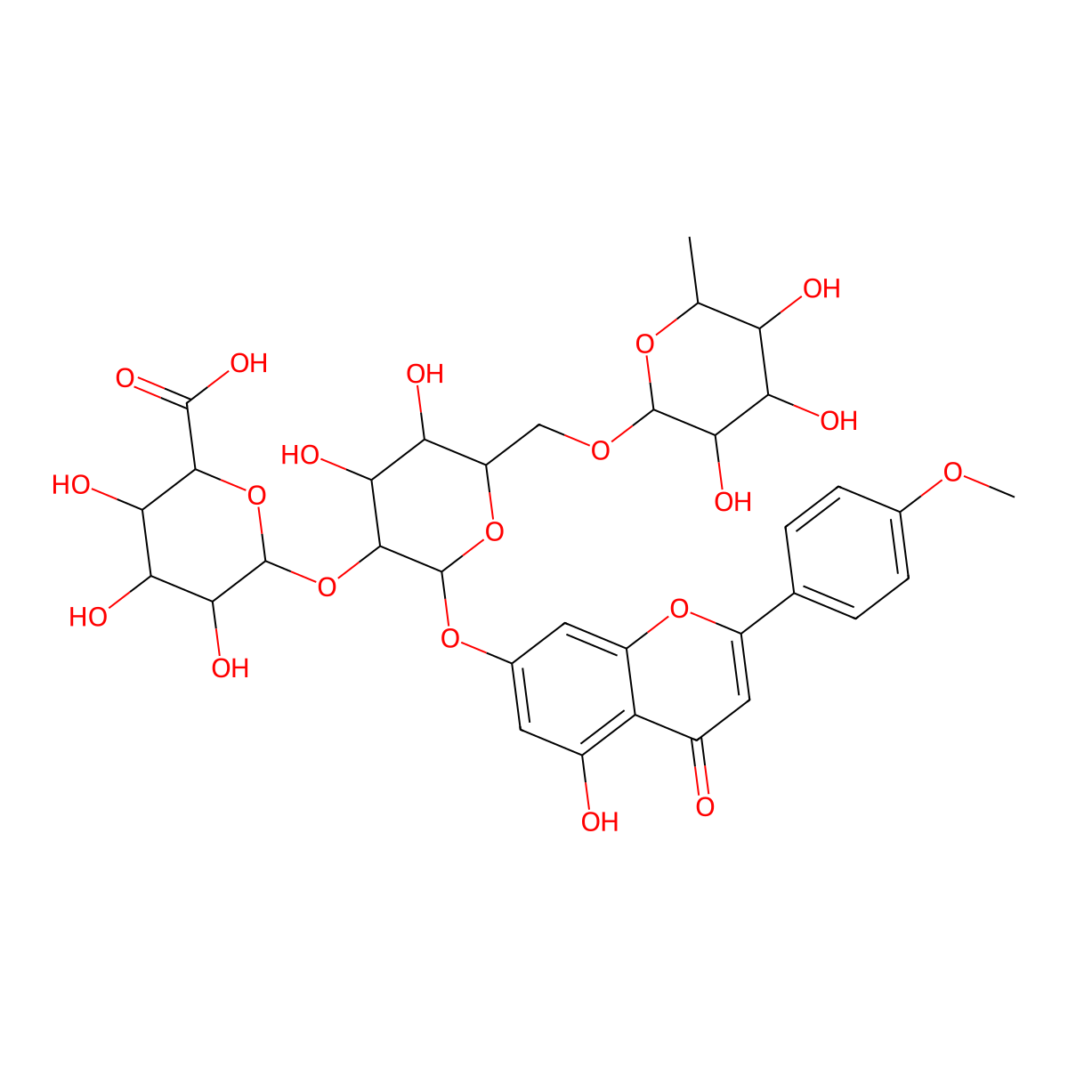 Acacetin 7-O-|A-D-glucuronopyranosyl-(1 inverted exclamation marku2)[|A-L-rhamnopyranosyl-(1 inverted exclamation marku6)]-|A-D-glucopyranoside molecular structure, CAS 1220269-61-3