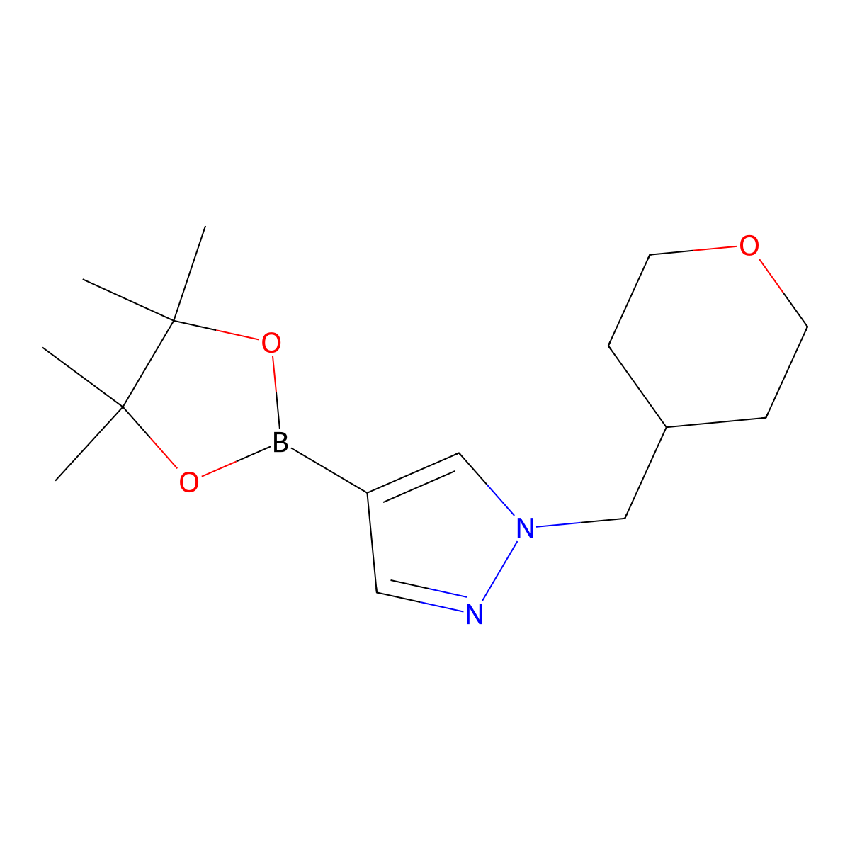 1-((tetrahydro-2H-pyran-4-yl)methyl)-4-(4,4,5,5-tetramethyl-1,3,2-dioxaborolan-2-yl)-1H-pyrazole molecular structure, CAS 1220635-60-8