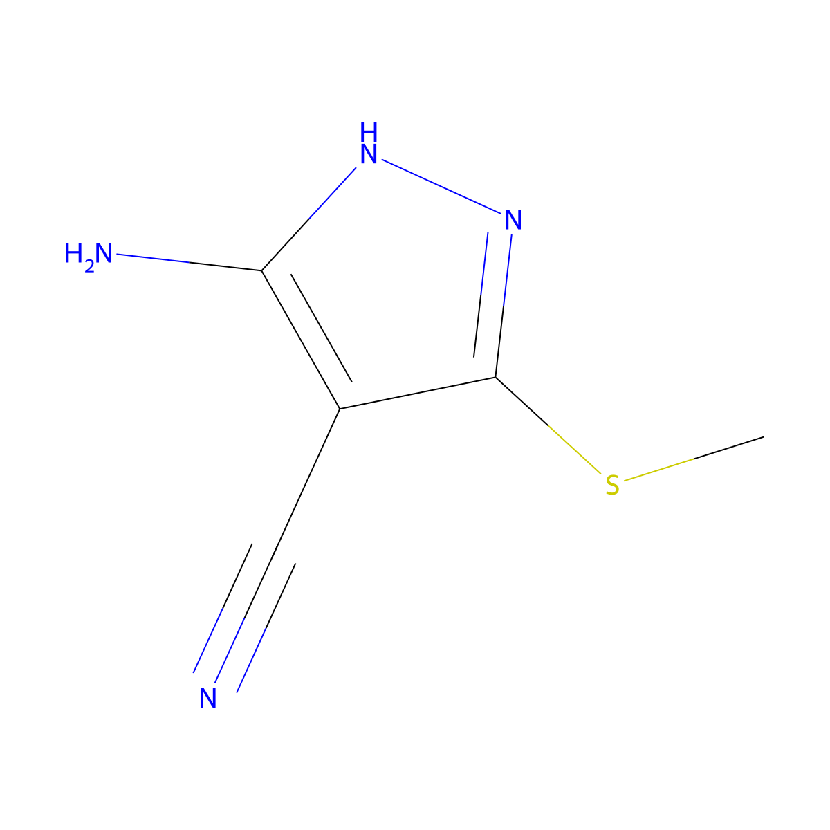 3-Amino-5-(methylthio)pyrazole-4-carbonitrile molecular structure, CAS 1220856-99-4