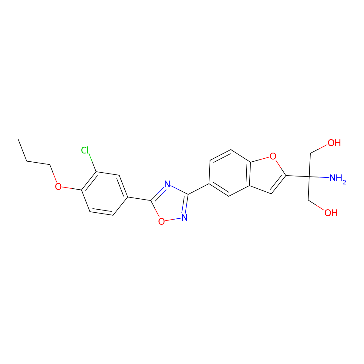2-Amino-2-(5-(5-(3-chloro-4-propoxyphenyl)-1,2,4-oxadiazol-3-yl)benzofuran-2-yl)propane-1,3-diol molecular structure, CAS 1220973-37-4