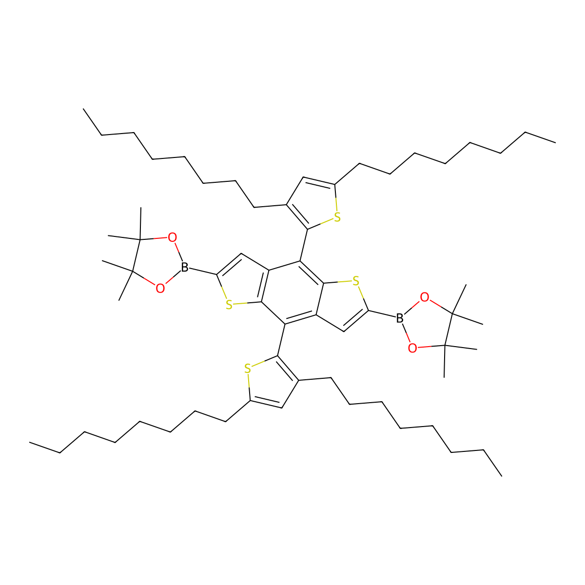 2,2'-(4,8-Bis(3,5-dioctylthiophen-2-yl)benzo[1,2-b:4,5-b']dithiophene-2,6-diyl)bis(4,4,5,5-tetramethyl-1,3,2-dioxaborolane) molecular structure, CAS 1221254-05-2