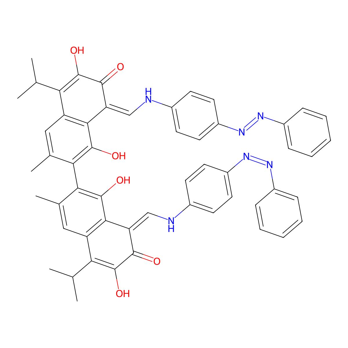 7-[1,6-Dihydroxy-3-methyl-7-oxo-8-[(4-phenyldiazenylanilino)methylidene]-5-propan-2-ylnaphthalen-2-yl]-3,8-dihydroxy-6-methyl-1-[(4-phenyldiazenylanilino)methylidene]-4-propan-2-ylnaphthalen-2-one molecular structure, CAS 122126-91-4