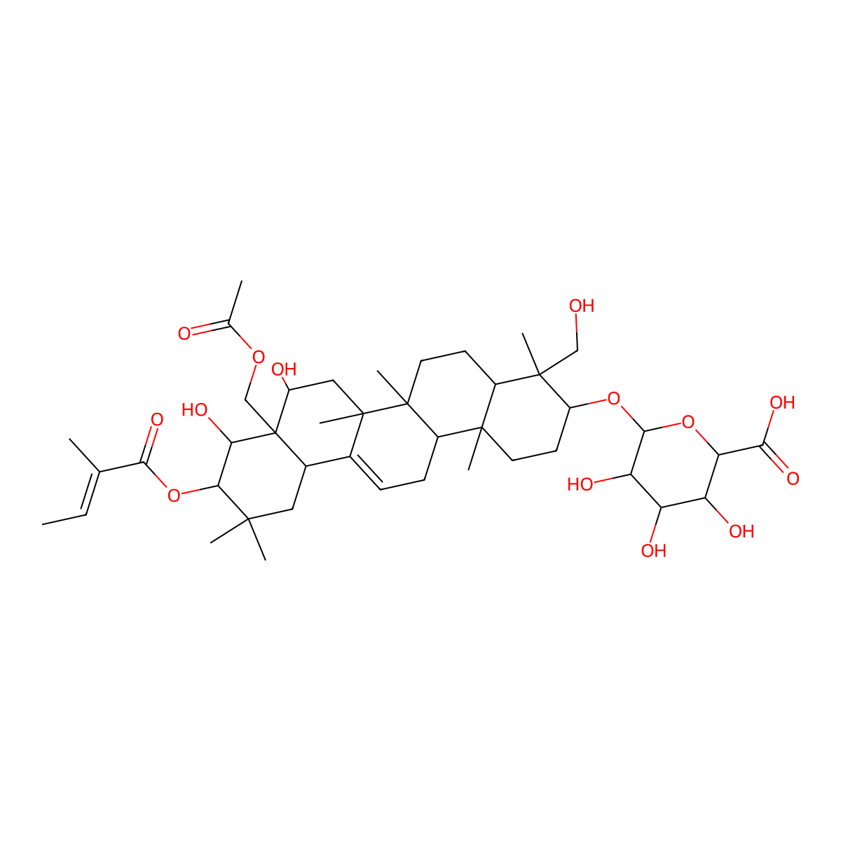 (3beta,4alpha,16beta,21beta,22alpha)-28-(Acetyloxy)-16,22,23-trihydroxy-21-(((2E)-2-methyl-1-oxo-2-buten-1-yl)oxy)olean-12-en-3-yl beta-D-glucopyranosiduronic acid molecular structure, CAS 122168-40-5