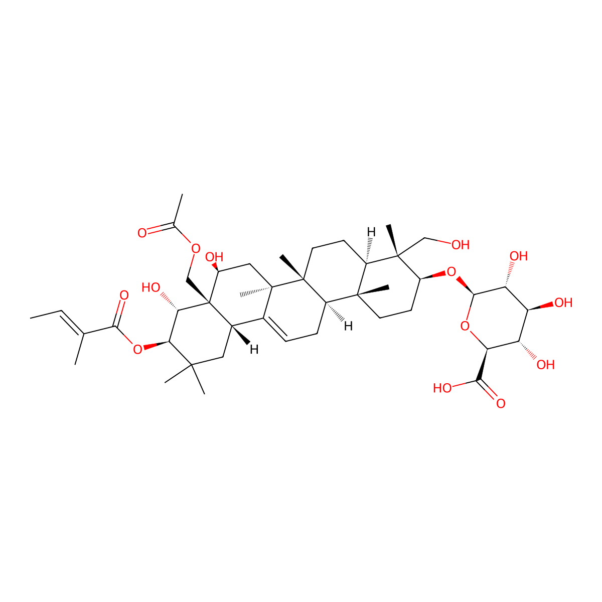 (3beta,4alpha,16beta,21beta,22alpha)-28-(Acetyloxy)-16,22,23-trihydroxy-21-(((2E)-2-methyl-1-oxo-2-buten-1-yl)oxy)olean-12-en-3-yl beta-D-glucopyranosiduronic acid molecular structure, CAS 122168-40-5