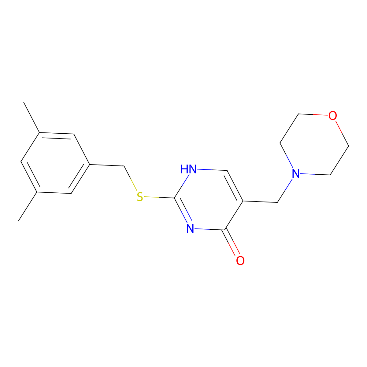 2-{[(3,5-Dimethylphenyl)methyl]sulfanyl}-5-(morpholin-4-ylmethyl)-1,4-dihydropyrimidin-4-one molecular structure, CAS 1221715-23-6