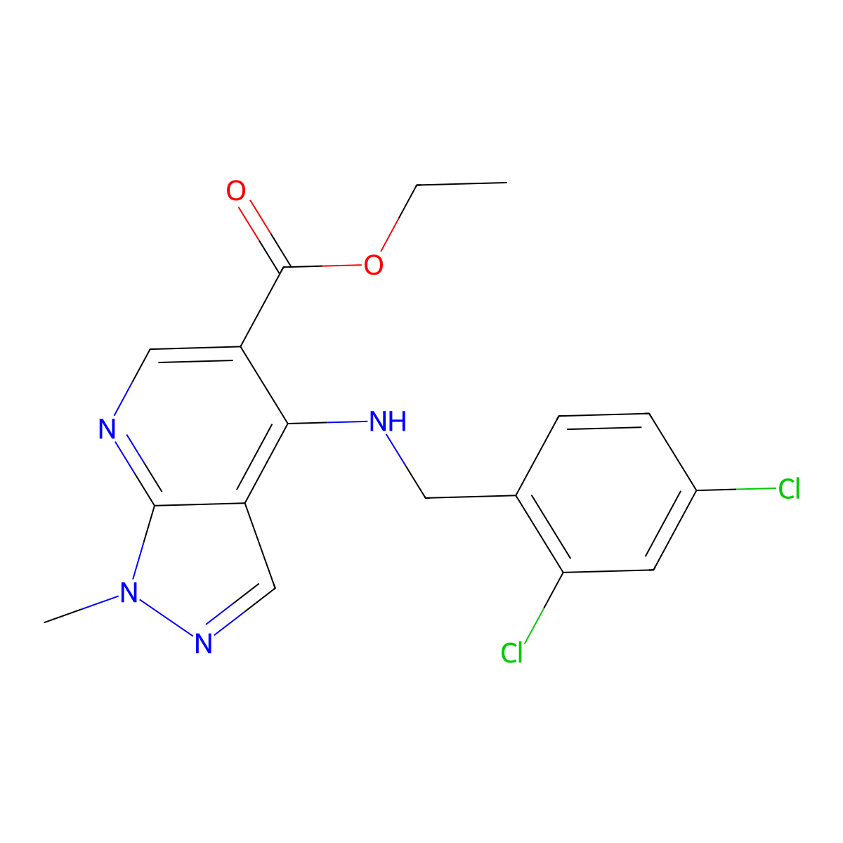 ethyl 4-{[(2,4-dichlorophenyl)methyl]amino}-1-methyl-1H-pyrazolo[3,4-b]pyridine-5-carboxylate molecular structure, CAS 1221715-33-8