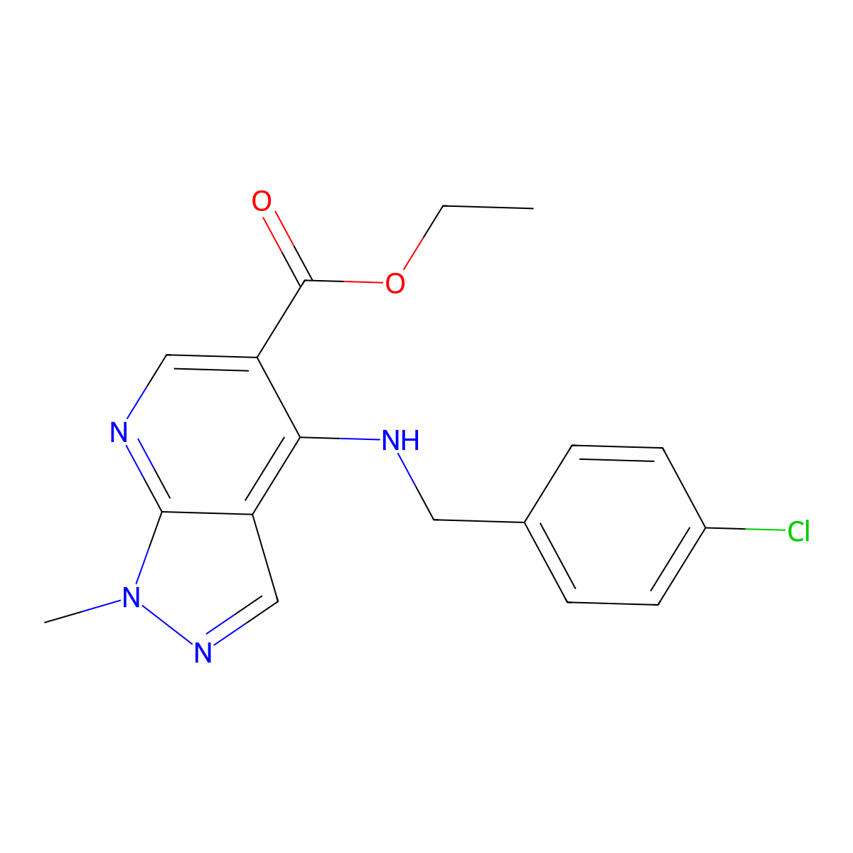 ethyl 4-{[(4-chlorophenyl)methyl]amino}-1-methyl-1H-pyrazolo[3,4-b]pyridine-5-carboxylate molecular structure, CAS 1221715-35-0