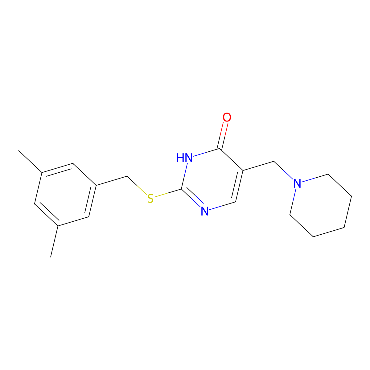 2-{[(3,5-Dimethylphenyl)methyl]sulfanyl}-5-(piperidin-1-ylmethyl)-1,4-dihydropyrimidin-4-one molecular structure, CAS 1221715-36-1