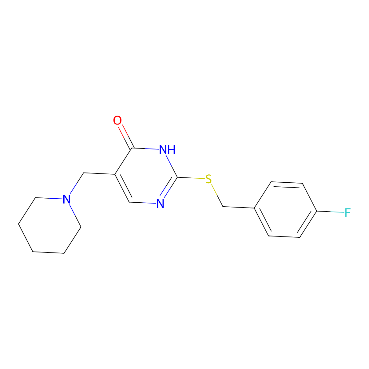2-{[(4-Fluorophenyl)methyl]sulfanyl}-5-(piperidin-1-ylmethyl)-1,4-dihydropyrimidin-4-one molecular structure, CAS 1221715-38-3