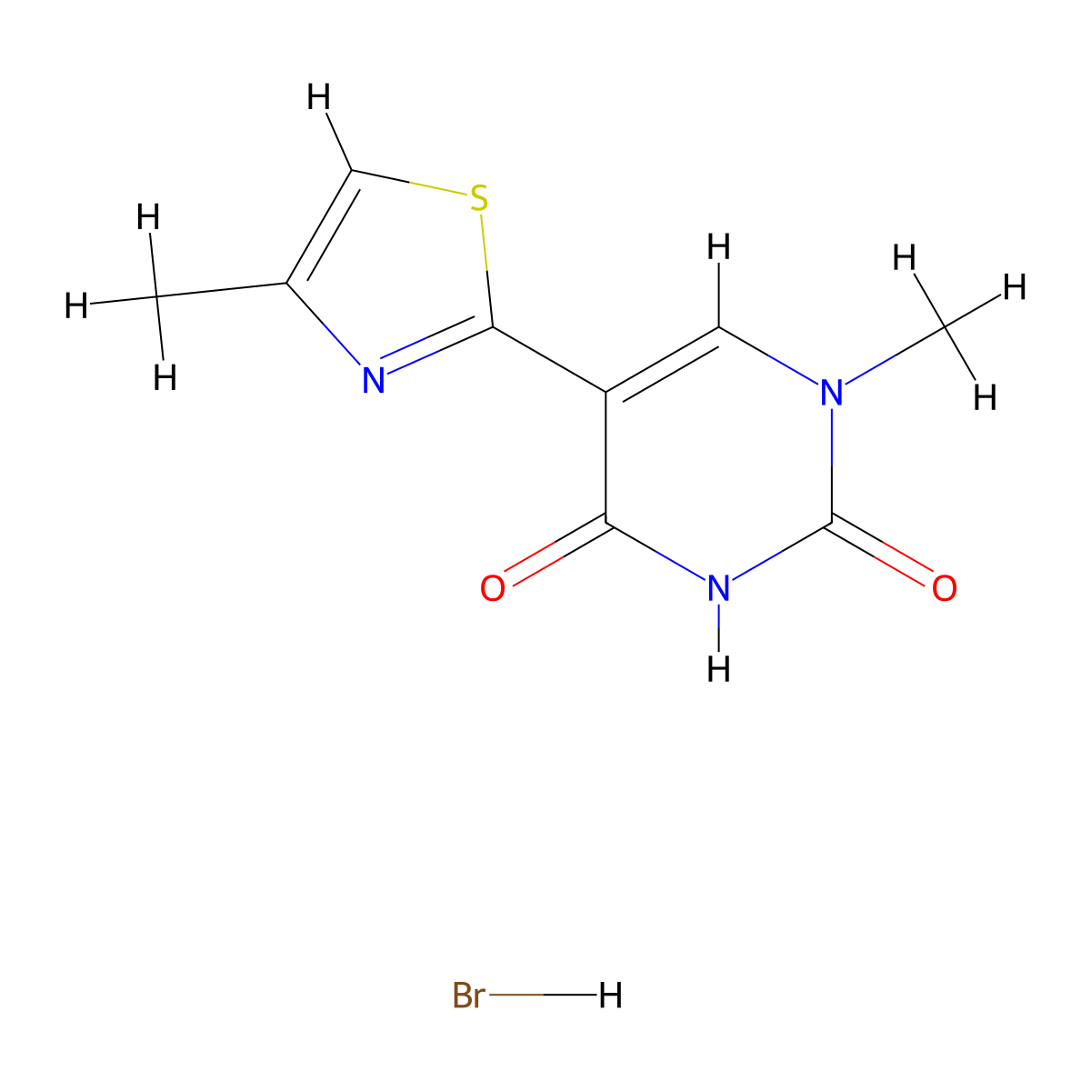 1-Methyl-5-(4-methyl-1,3-thiazol-2-yl)-1,2,3,4-tetrahydropyrimidine-2,4-dione hydrobromide molecular structure, CAS 1221723-07-4