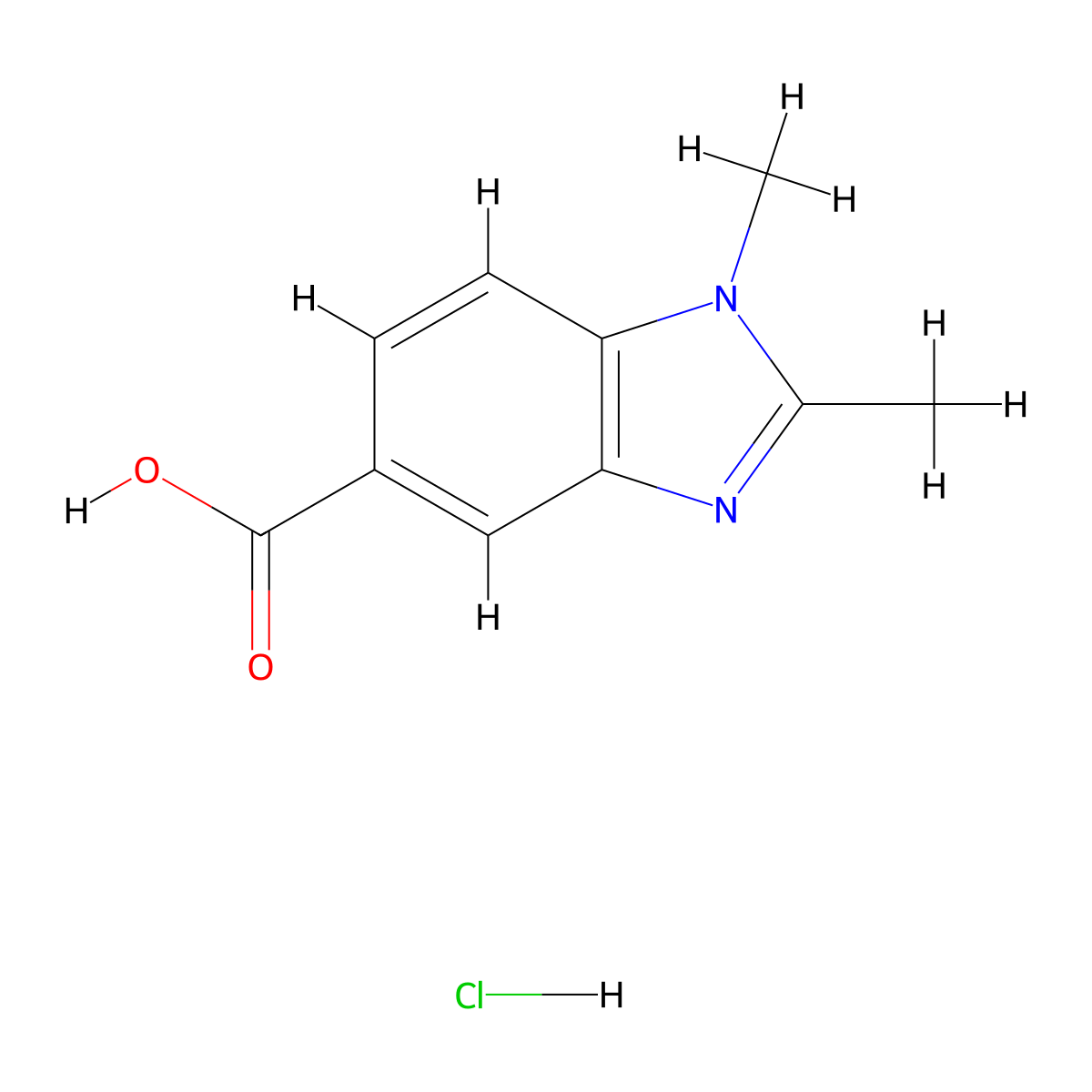 1,2-dimethyl-1H-1,3-benzodiazole-5-carboxylic acid hydrochloride molecular structure, CAS 1221724-84-0