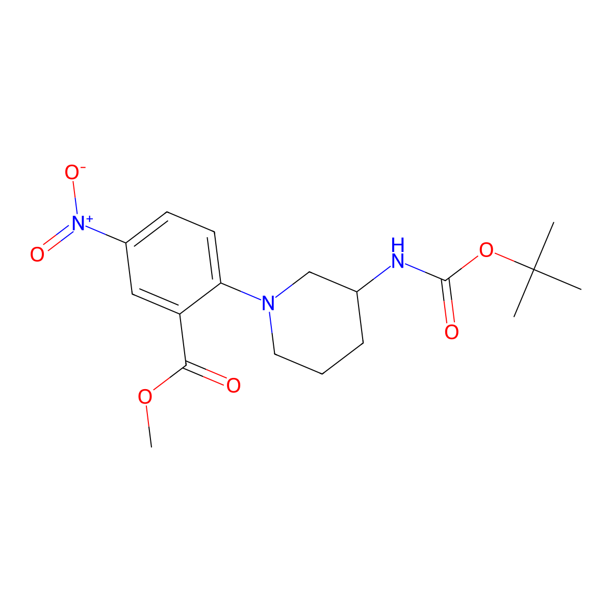 Methyl 2-(3-((tert-butoxycarbonyl)amino)piperidin-1-yl)-5-nitrobenzoate molecular structure, CAS 1221791-90-7