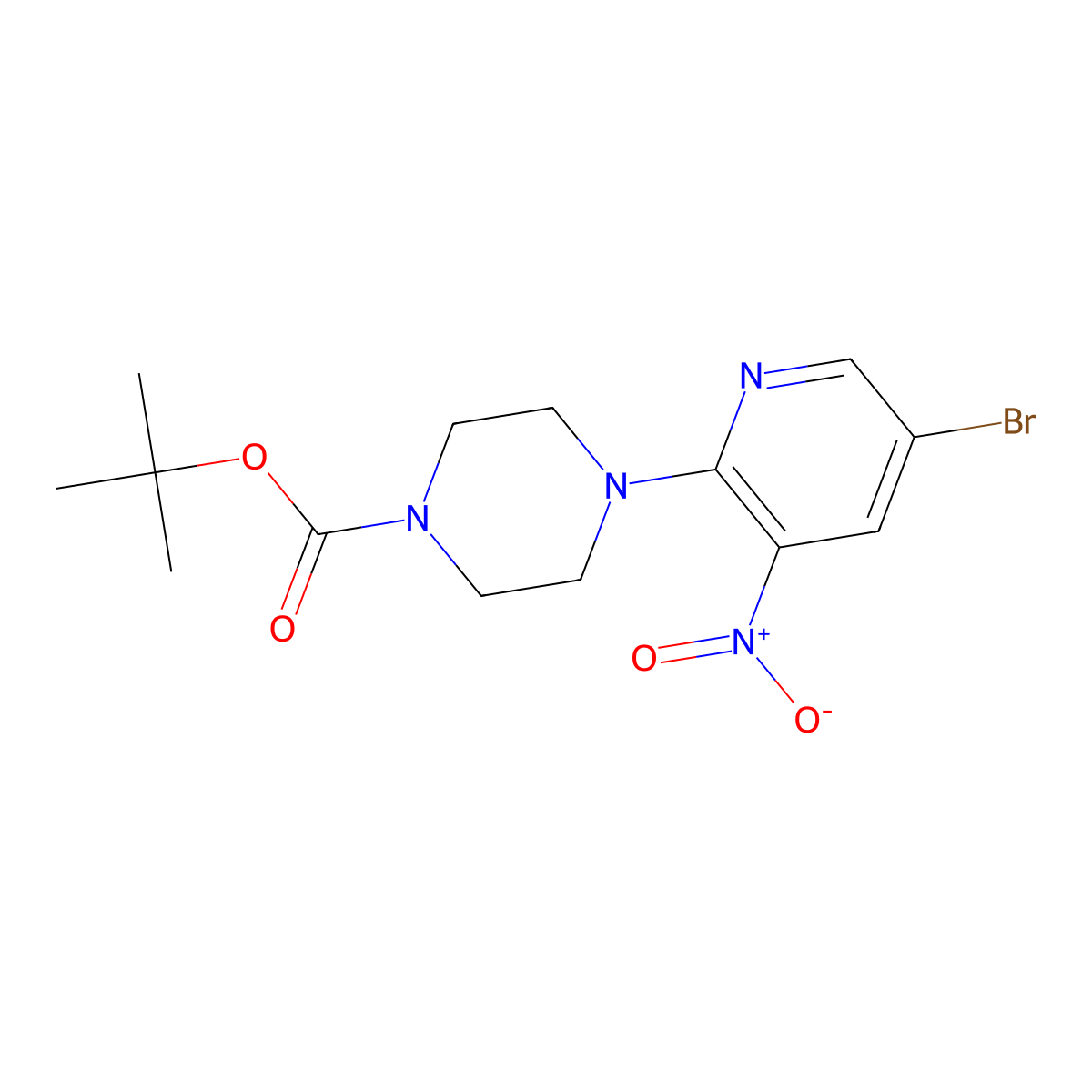 Tert-butyl 4-(5-bromo-3-nitropyridin-2-yl)piperazine-1-carboxylate molecular structure, CAS 1221792-73-9